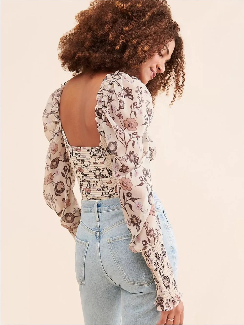 Free People Brunch Date Floral Smocked Bodysuit S